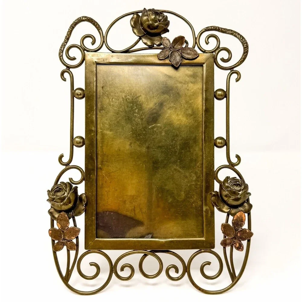 Antique Art Nouveau Brass Picture Frame Rose Floral Whiplash Easel c1900